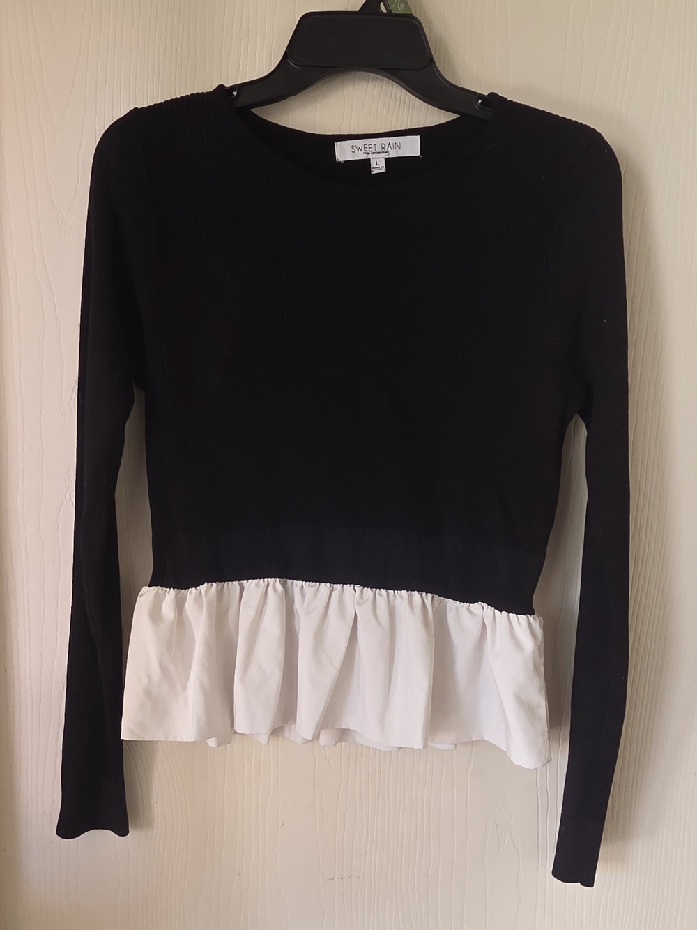 Sweet Rain Black with White Ruffle Hem Long-Sleeve Top